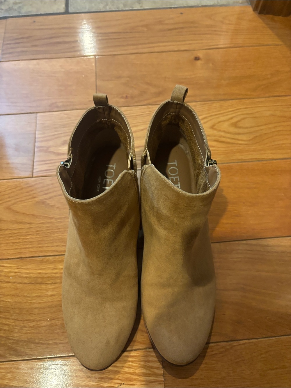 Toeﬀy Suede Ankle Booties in Tan